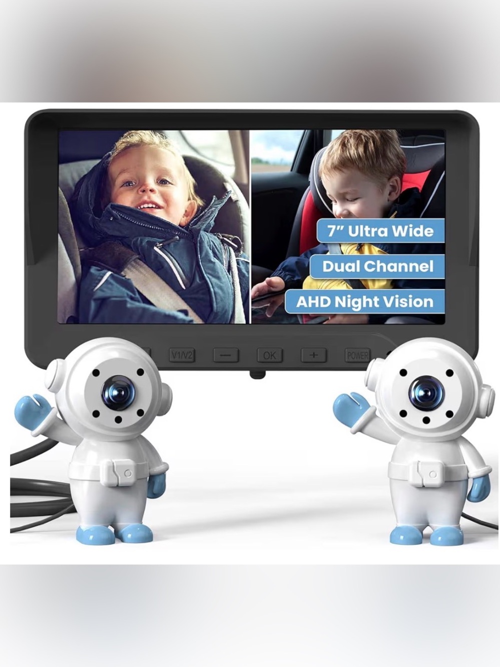 Dual Car Camera Baby Monitor with 7" Screen and Astronaut Adjustable Cameras